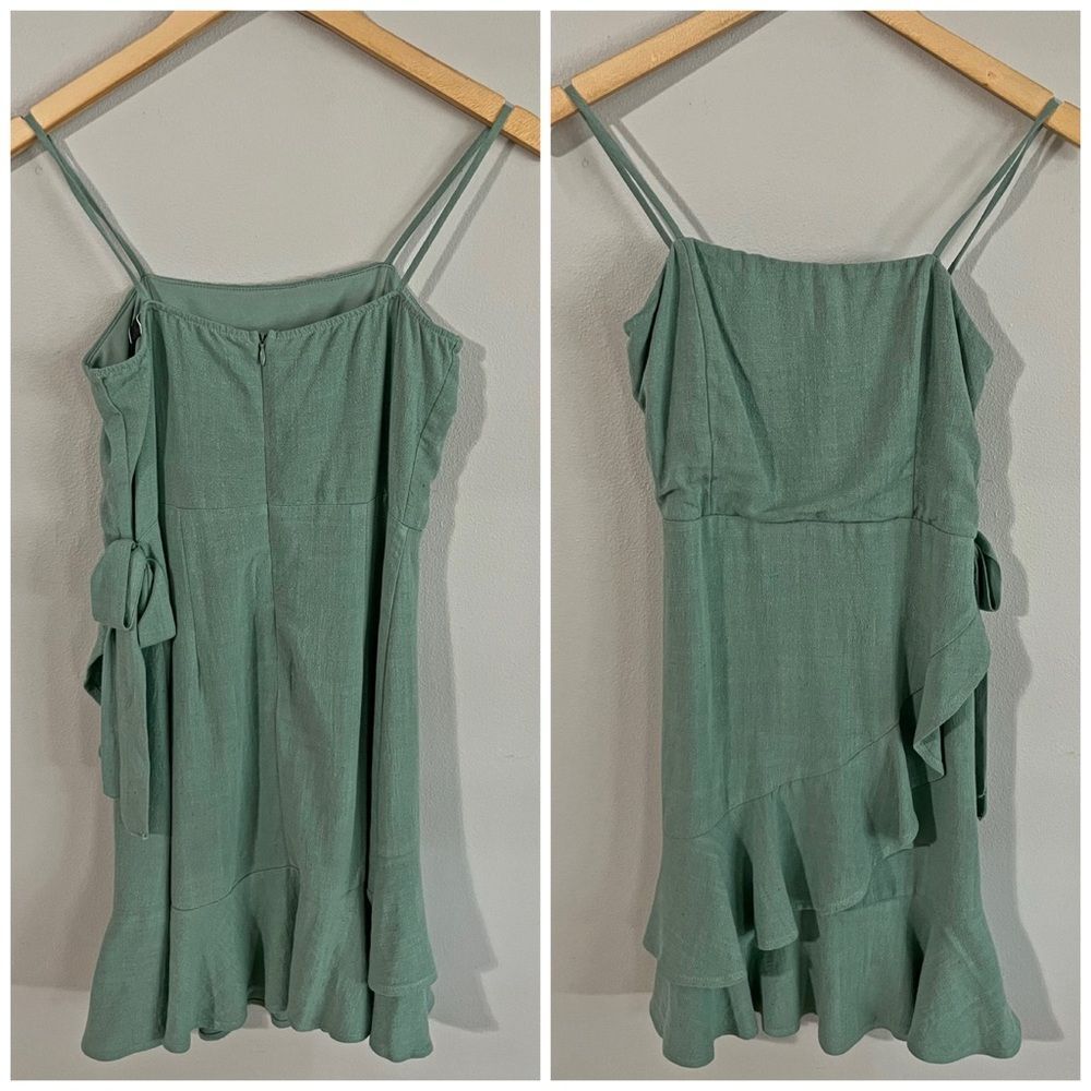 Blue Blush Sage Green Linen Blend Ruffle Mini Dress Wrap Tie Small